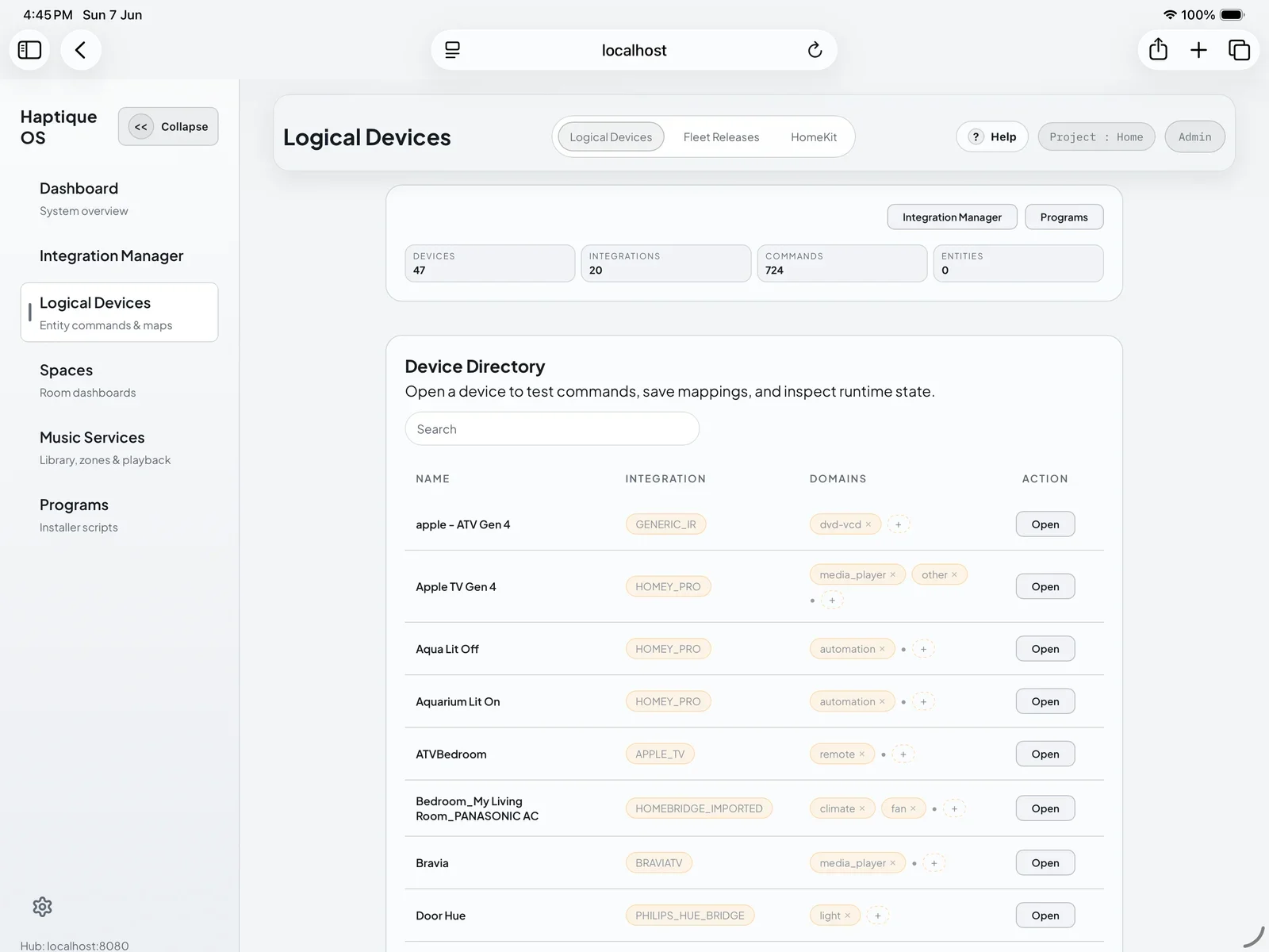 Haptique OS browser interface showing the device directory, integrations, and room setup navigation