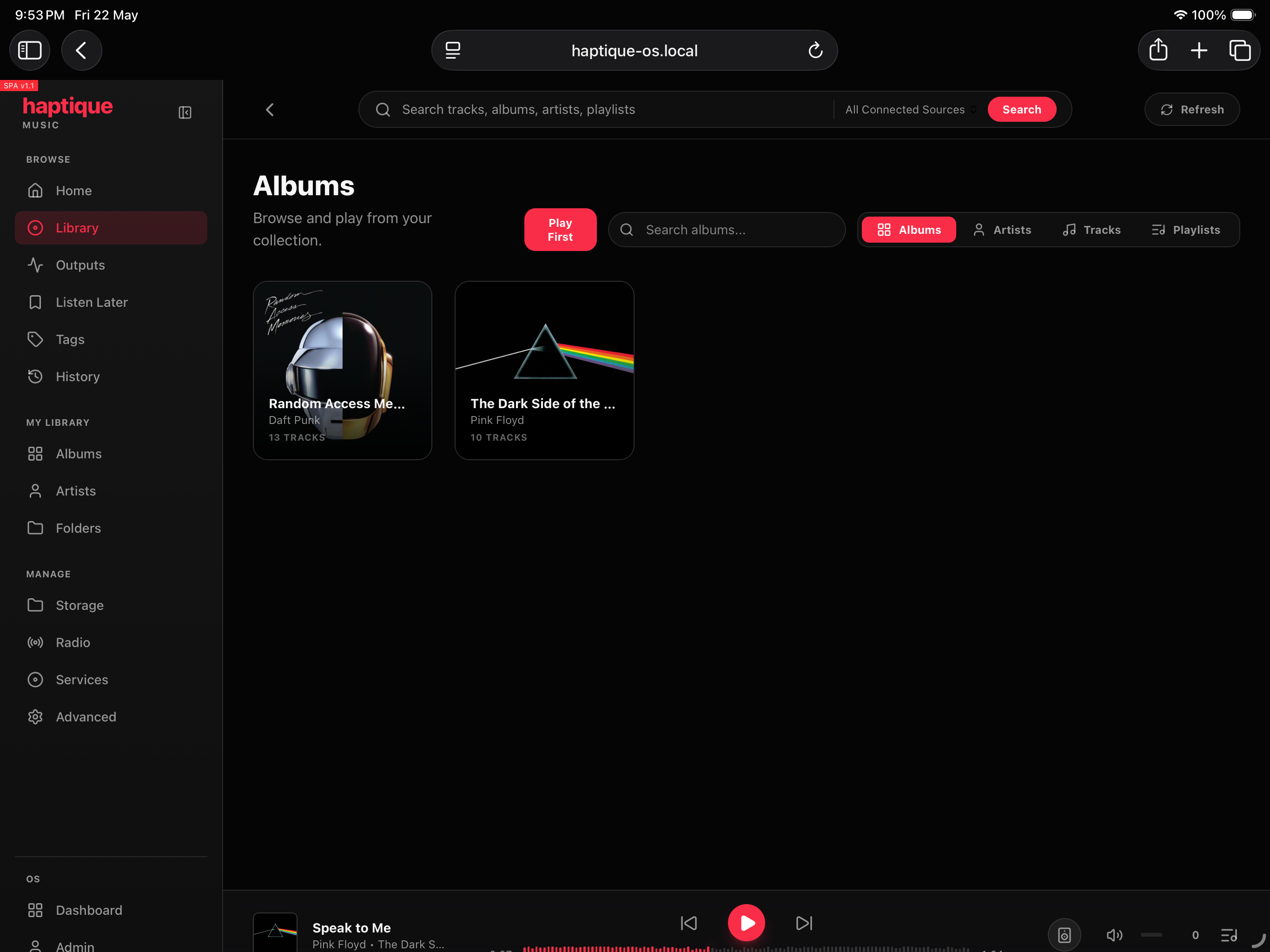 Haptique Music albums view on iPad